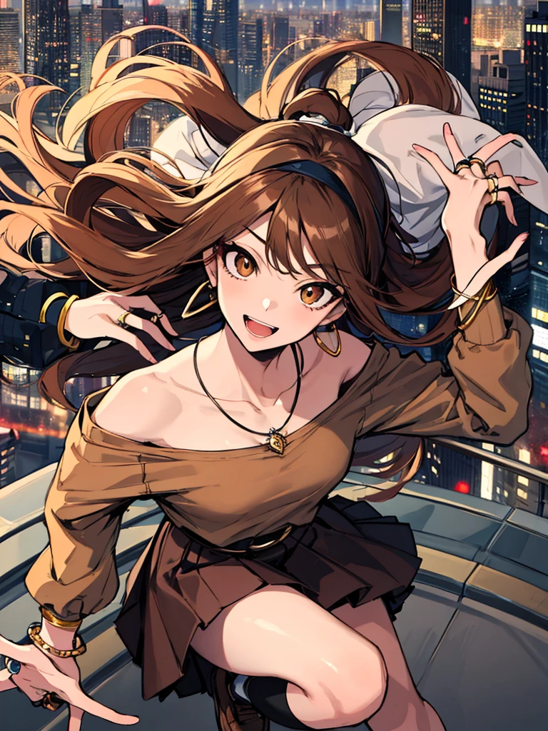 (masterpiece), best quality, expressive eyes, highres, perfect eyes, perfect face, perfect hands, 1girl, genie, zodiac, shirt over 1 shoulder, Brown shirt, long sleeves, necklace, long Brown hair, city background, headband, Brown eyes, Brown skirt, medium bust, rings, bracelets, charismatic, crazy face, crazy eyes, crazy smile, 