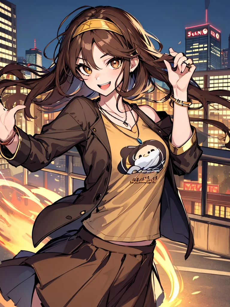 (masterpiece), best quality, expressive eyes, highres, perfect eyes, perfect face, perfect hands, 1girl, genie, zodiac, shirt over 1 shoulder, Brown shirt, long sleeves, necklace, long Brown hair, city background, headband, Brown eyes, Brown skirt, medium bust, rings, bracelets, charismatic, crazy face, crazy eyes, crazy smile, 