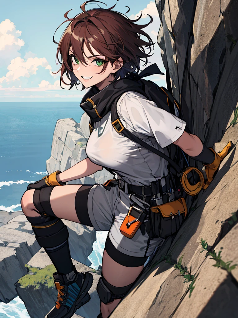 (absurdres, 8k, 4k, masterpiece, hyper extreme detailed:1.2), solo, 1girl, side view, perfect face, 1girl, portrait, looking at viewer, solo, standing, Female, toned body, mature female, medium breasts, pale, auburn hair, messy hair, enthusiastic, fun, tomboy, green eyes, swept bangs, streetwear, smirk, medium body, tomboy, crazy face, crazy smile, crazy eyes, wind, windy hair, moving hair, bandages, gauze, reckless, short hair, adventurous, loose clothes, baggy clothes, confident, gloves, goggles, fearless, expressive, rock climbing, ropes, rocks, cliff, tethers, helmet, knee pads, gloves, climbing, athletic, rugged, dirty,