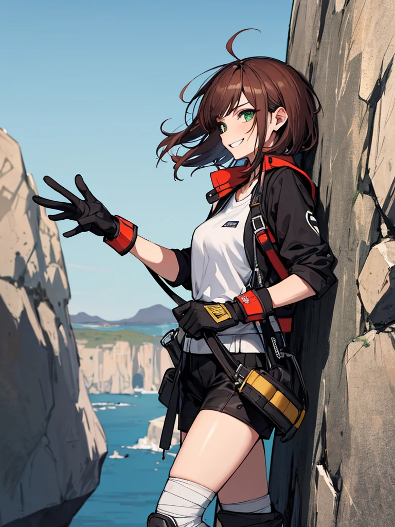(absurdres, 8k, 4k, masterpiece, hyper extreme detailed:1.2), solo, 1girl, side view, perfect face, 1girl, portrait, looking at viewer, solo, standing, Female, toned body, mature female, medium breasts, pale, auburn hair, messy hair, enthusiastic, fun, tomboy, green eyes, swept bangs, streetwear, smirk, medium body, tomboy, crazy face, crazy smile, crazy eyes, wind, windy hair, moving hair, bandages, gauze, reckless, short hair, adventurous, loose clothes, baggy clothes, confident, gloves, goggles, fearless, expressive, rock climbing, ropes, rocks, cliff, tethers, helmet, knee pads, gloves, climbing, athletic, rugged, dirty,
