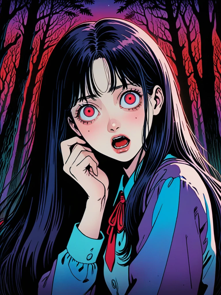 illust、art、from 80s horror movie, directed by Junji Ito、Moonlit Night、Dark Forest、Among the countless graves、A woman with a scared expression、Overaction、Overreaction、Acting frightened、high detail, realsitic shadow、Analog style, vhs style, 8mm film, chromatic aberration, Dvd screengrab、Blue-purple and red-purple gradation