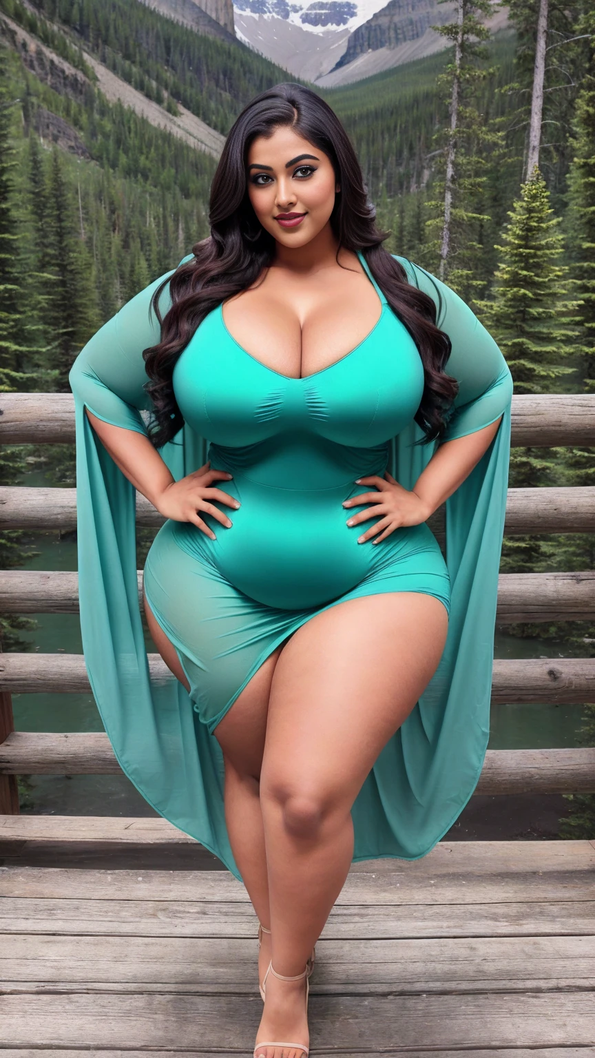 Indian gorgeous curvy plus size actress madhubala, glowing eyes, wearing V Neck Batwing Sleeve Split Thigh Dress
Color: Green , covered Bust, parted lips, thick thighs, bigger waist, busty, curvy plus size body, full body, full body shot, head to toe view, hourglass body, curvy plus size body, smile face, bigger waist, busty, big hips, fleshy thighs, thick thighs, busty, full body view, Banff National Park, Canada: Majestic mountains, turquoise lakes, and pristine wilderness.