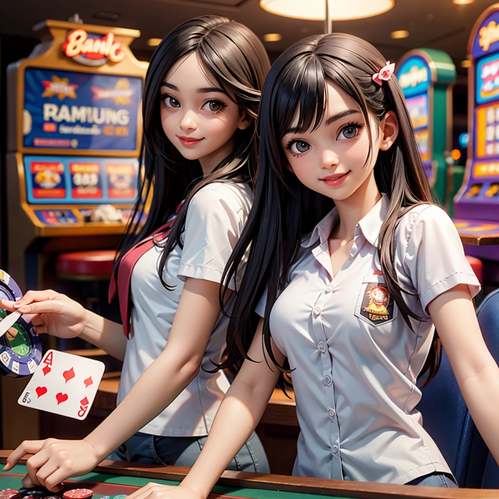 happy and smile indonesian girl wearing high gambling in slot machines casino