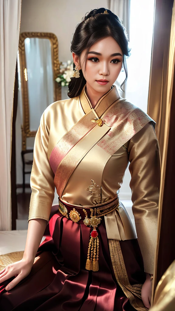 masterpiece, highest quality, HDR, high contrast, ((beautiful girl, Thai Female Soldier)), bun hair, highly detailed lips, detailed eyes, double eyelid, Make-up face. ((flchut thai dresses, strapless shirts)), just showing his face. pretty face. captivating. make-up face. long eyelashes, just showing his face. pretty face. captivating. make-up face. long eyelashes, just showing his face. pretty face. captivating. make-up face. long eyelashes, ((in front of the make-up mirror))