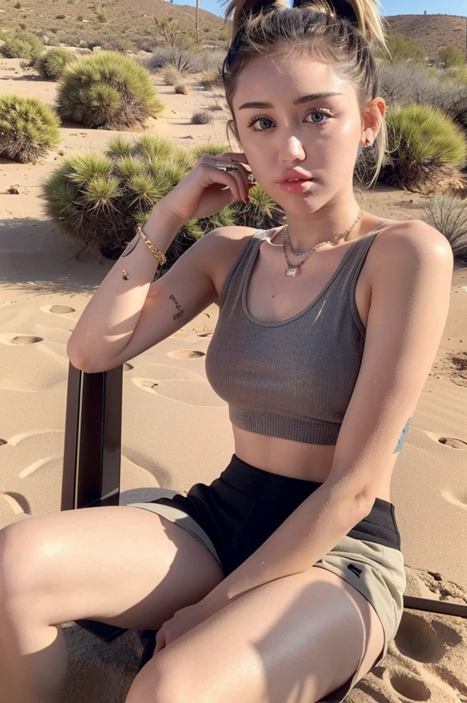 Miley Cyrus, personality, hair tied in a high ponytail, wearing a cropped tank top and shorts, sitting and posing seductively in the desert