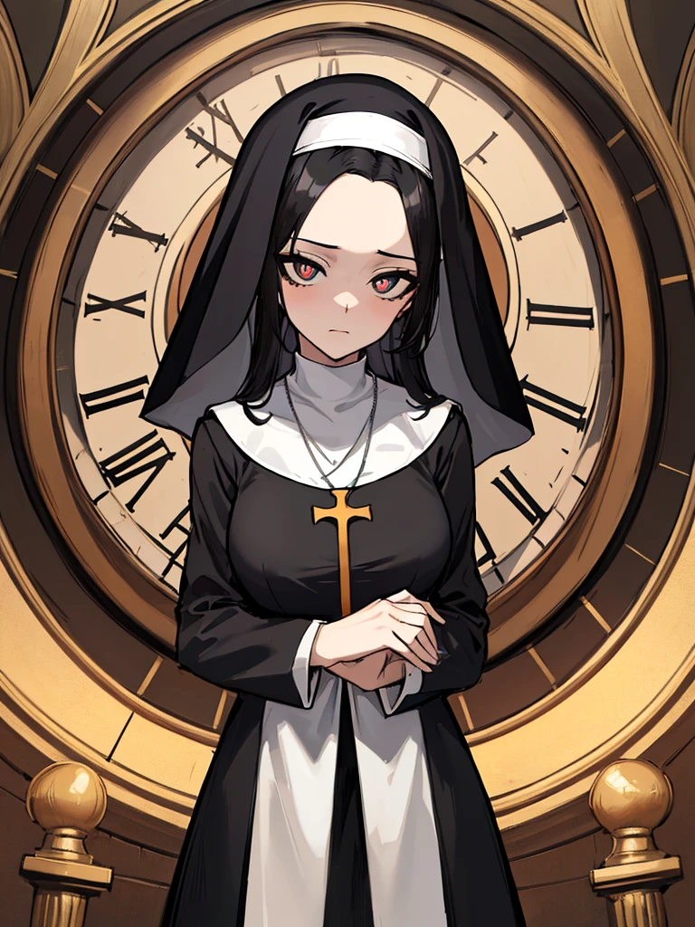 (absurdres, 8k, 4k, masterpiece, hyper extreme detailed:1.2), solo, 1girl, front view, perfect face, 1girl, portrait, looking at viewer, solo, standing, Female, medium breasts, pale, black eyes, black hair, medium hair, split hair, nun, cross necklace, disgust, dot pupils, church, black dress, slender, long sleeves, forehead, clocks, time, astral, clock hands, looking forward, nun outfit, adult, mature, religious, godlike, disgusted, side bangs, nun attire, facing forward, front view, head tilt, disgusted look,  prayer hands, hands praying, long skirt, 