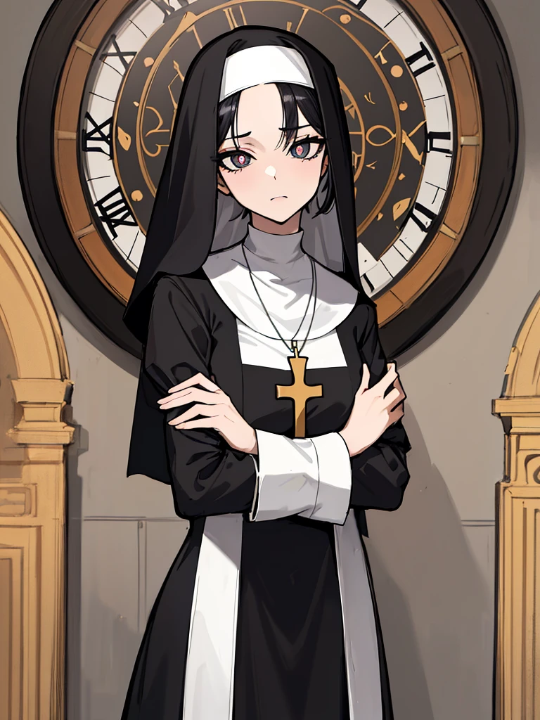 (absurdres, 8k, 4k, masterpiece, hyper extreme detailed:1.2), solo, 1girl, front view, perfect face, 1girl, portrait, looking at viewer, solo, standing, Female, medium breasts, pale, black eyes, black hair, medium hair, split hair, nun, cross necklace, disgust, dot pupils, church, black dress, slender, long sleeves, forehead, clocks, time, astral, clock hands, looking forward, nun outfit, adult, mature, religious, godlike, disgusted, side bangs, nun attire, facing forward, front view, head tilt, disgusted look,  prayer hands, hands praying, long skirt, 