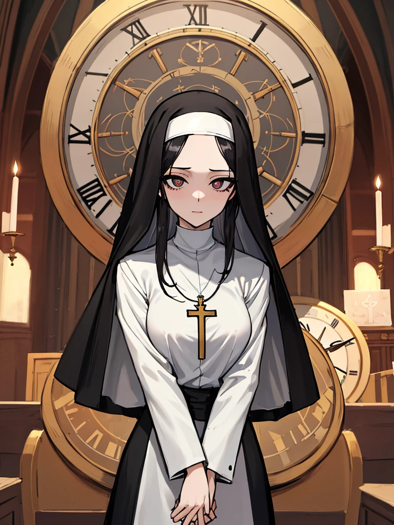 (absurdres, 8k, 4k, masterpiece, hyper extreme detailed:1.2), solo, 1girl, front view, perfect face, 1girl, portrait, looking at viewer, solo, standing, Female, medium breasts, pale, black eyes, black hair, medium hair, split hair, nun, cross necklace, disgust, dot pupils, church, black dress, slender, long sleeves, forehead, clocks, time, astral, clock hands, looking forward, nun outfit, adult, mature, religious, godlike, disgusted, side bangs, nun attire, facing forward, front view, head tilt, disgusted look,  prayer hands, hands praying, long skirt, 