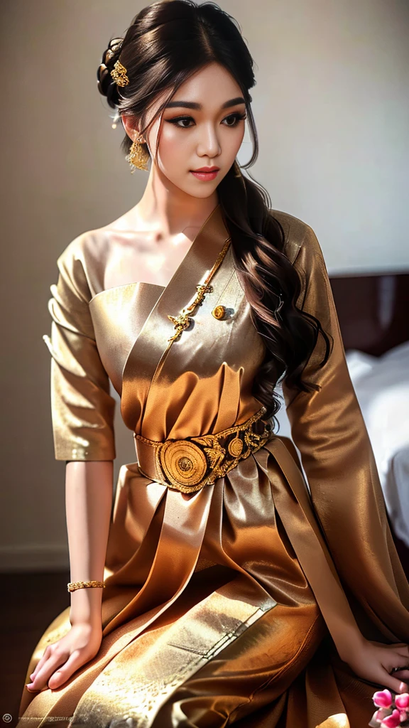 masterpiece, highest quality, HDR, high contrast, ((beautiful girl, Thai Female Soldier)), bun hair, highly detailed lips, detailed eyes, double eyelid, Make-up face. ((flchut thai dresses, strapless shirts)), just showing his face. pretty face. captivating. make-up face. long eyelashes, just showing his face. pretty face. captivating. make-up face. long eyelashes, just showing his face. pretty face. captivating. make-up face. long eyelashes, ((in front of the make-up mirror))