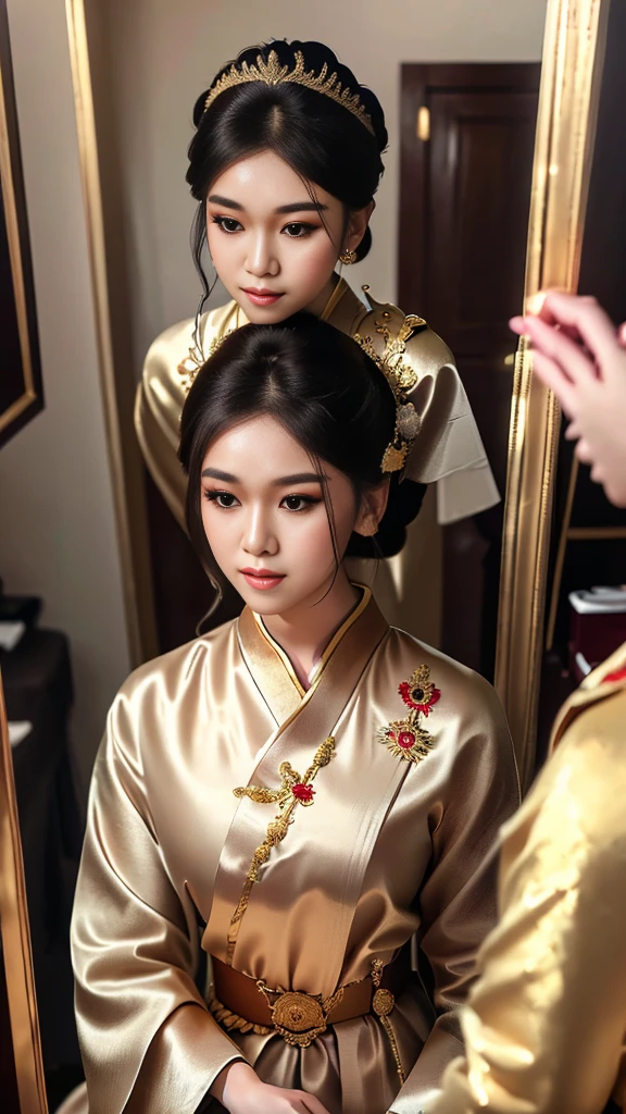 masterpiece, highest quality, HDR, high contrast, ((beautiful girl, Thai Female Soldier)), bun hair, highly detailed lips, detailed eyes, double eyelid, Make-up face. ((flchut thai dresses, strapless shirts)), just showing his face. pretty face. captivating. make-up face. long eyelashes, just showing his face. pretty face. captivating. make-up face. long eyelashes, just showing his face. pretty face. captivating. make-up face. long eyelashes, ((in front of the make-up mirror))