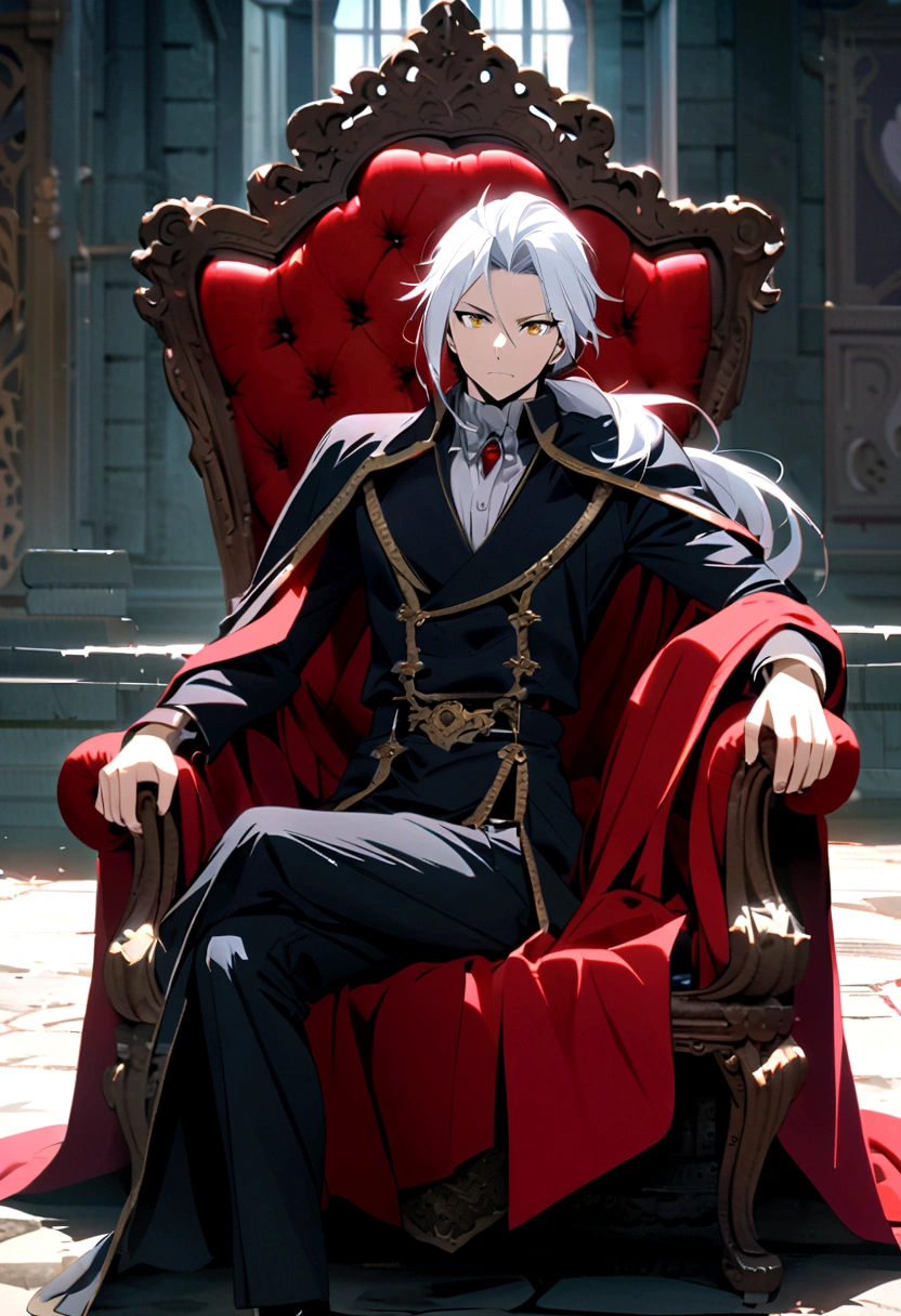 Japanese anime, Handsome young man, White hair, long hair, low ponytail, yellow eyes, Cape Dracula, sitting in a luxurious red and black chair, The Abandoned Palace,