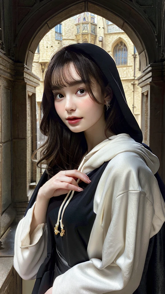 A detailed illustration of dark-haired Lily Collins in a hoodie and medieval dress, Soft and bright, HD Art by Greg Hildebrand, Liu Citemar, Sejic Stepan, Sanyang, Aikut Aidgudu, Justin Gerard, Alphonse Mucha, art gelm, WLOP and Greg Rutkowski