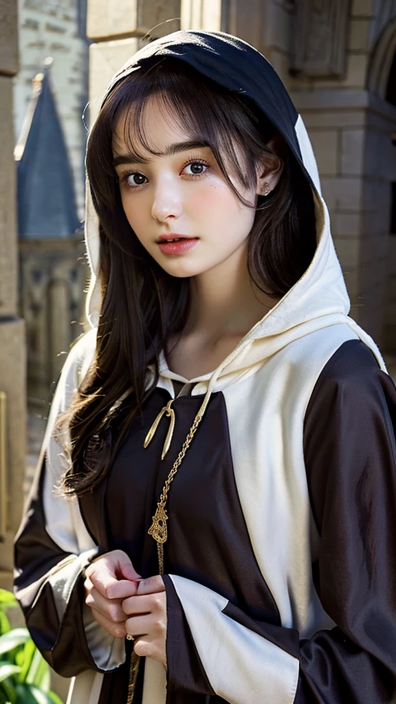 A detailed illustration of dark-haired Lily Collins in a hoodie and medieval dress, Soft and bright, HD Art by Greg Hildebrand, Liu Citemar, Sejic Stepan, Sanyang, Aikut Aidgudu, Justin Gerard, Alphonse Mucha, art gelm, WLOP and Greg Rutkowski
