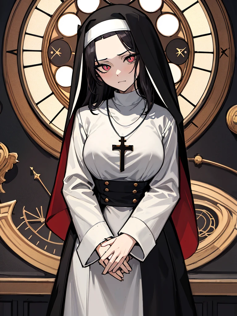 (absurdres, 8k, 4k, masterpiece, hyper extreme detailed:1.2), solo, 1girl, front view, perfect face, 1girl, portrait, looking at viewer, solo, standing, Female, medium breasts, pale, black eyes, black hair, medium hair, split hair, nun, cross necklace, disgust, dot pupils, church, black dress, slender, long sleeves, forehead, clocks, clock hands, looking forward, nun outfit, adult, mature, religious, godlike, disgusted, side bangs, nun attire, facing forward, front view, head tilt, disgusted look, prayer hands, hands praying, long skirt,