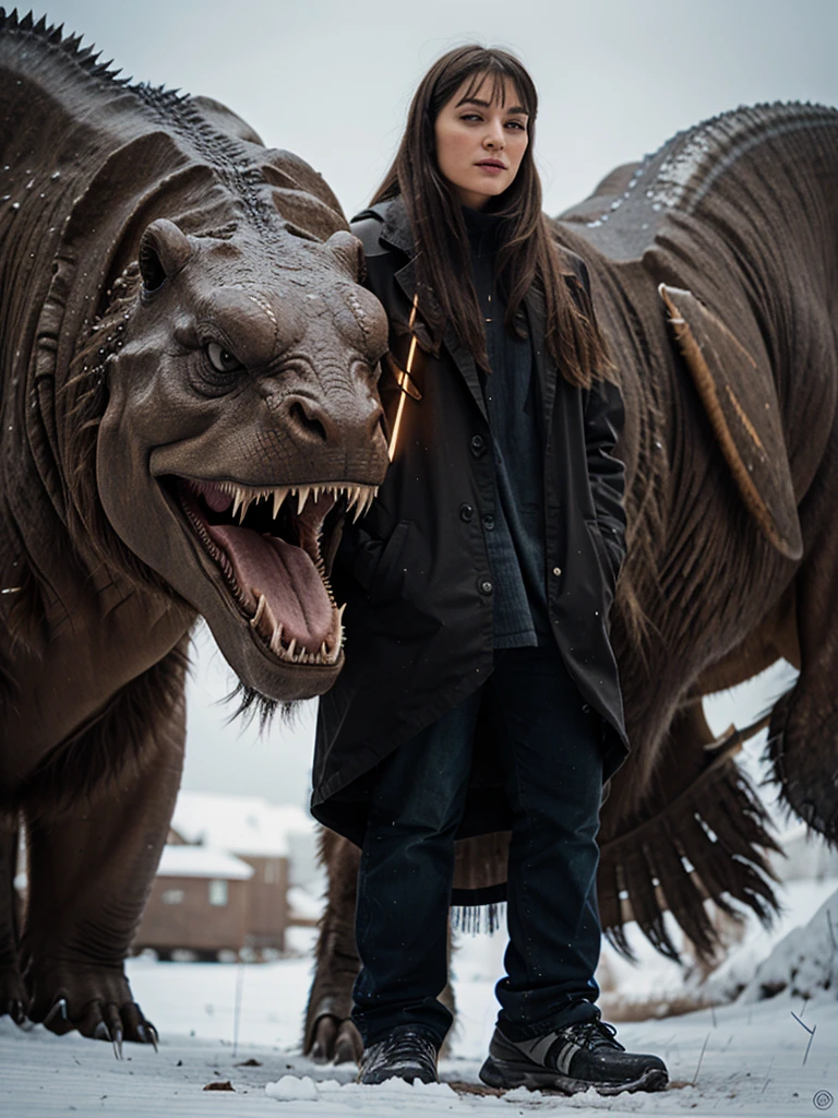 Trex's face, in front of the dragon there is a beautiful Asian woman, who is soaking while drinking coffee, Trex looked at the woman full of emotion, A lot of saliva came out of Trex's mouth, in hot springs, Realistic, HD, 8k, bokeh, telephoto camera lens