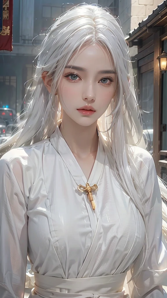 a beautiful detailed woman with long white hair, medium breasts, looking at the viewer, (detailed face), high resolution, photorealistic, Taoist