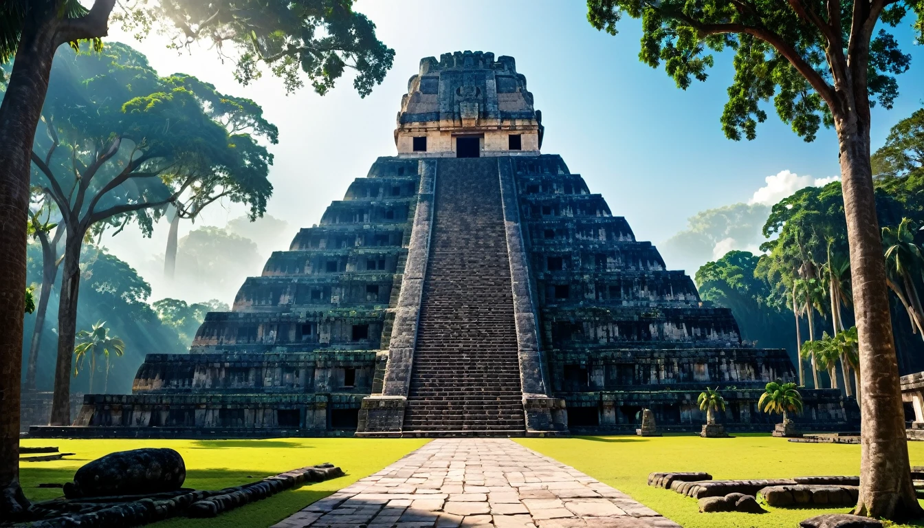 epic photo of the temple of the great jaguar, Cinematic, Plaza, trees, the forest, Mayan city, masterpiece, Best quality