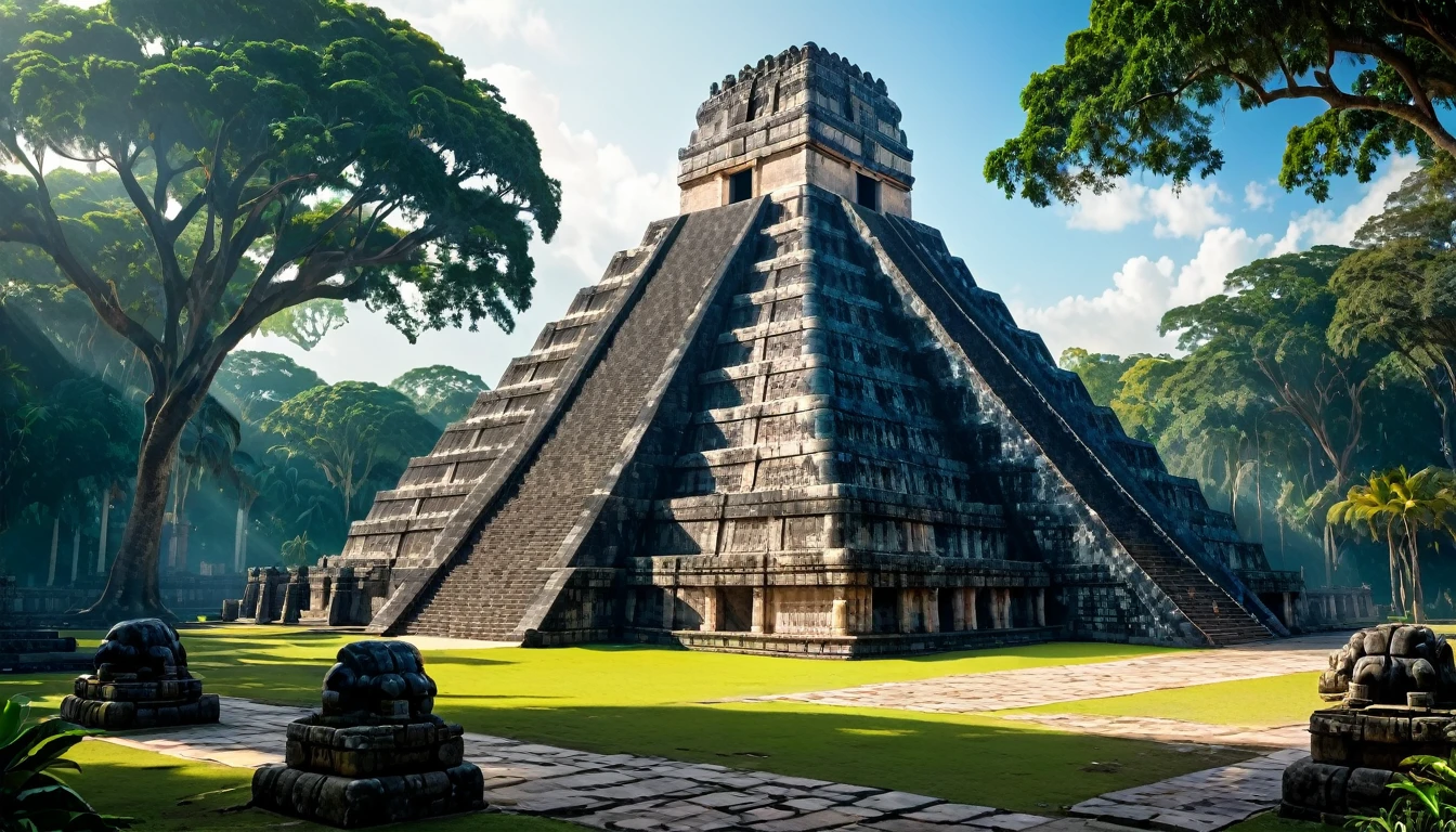 epic photo of the temple of the great jaguar, Cinematic, Plaza, trees, the forest, Mayan city, masterpiece, Best quality