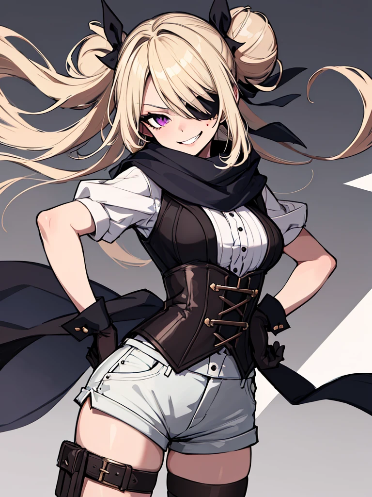(absurdres, 8k, 4k, masterpiece, hyper extreme detailed:1.2), solo, 1girl, front view, perfect face, 1girl, portrait, looking at viewer, solo, standing, Female, toned body, mature female, medium breasts, pale, blonde hair, medium hair, sarcastic, delinquent, purple eyes, swept bangs, scars, gross, messy, dirty, bloody, snarky, smirk, medium body, gyaru, crazy face, crazy smile, crazy eyes, hands on hips, wind, windy hair, moving hair, black ribbon, hair buns, adventurous, scarf, gloves, draping hair, eye patch, gothic, goth, gothic clothes, belts, suspender, corset, white sleeves, black cuffs, garterbelt, shorts, stockings,