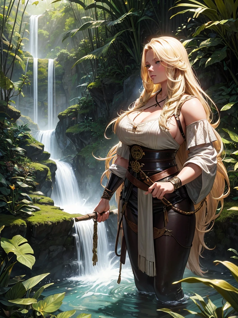 A young blonde warrior woman, plus size, with long hair, wearing rustic clothing made from animal skin, holding an orchid, accompanied by a black jaguar inside a tropical forest. A small stream runs alongside. A beautiful waterfall in the background. Soft gradient light. Hyper-realistic clarity.