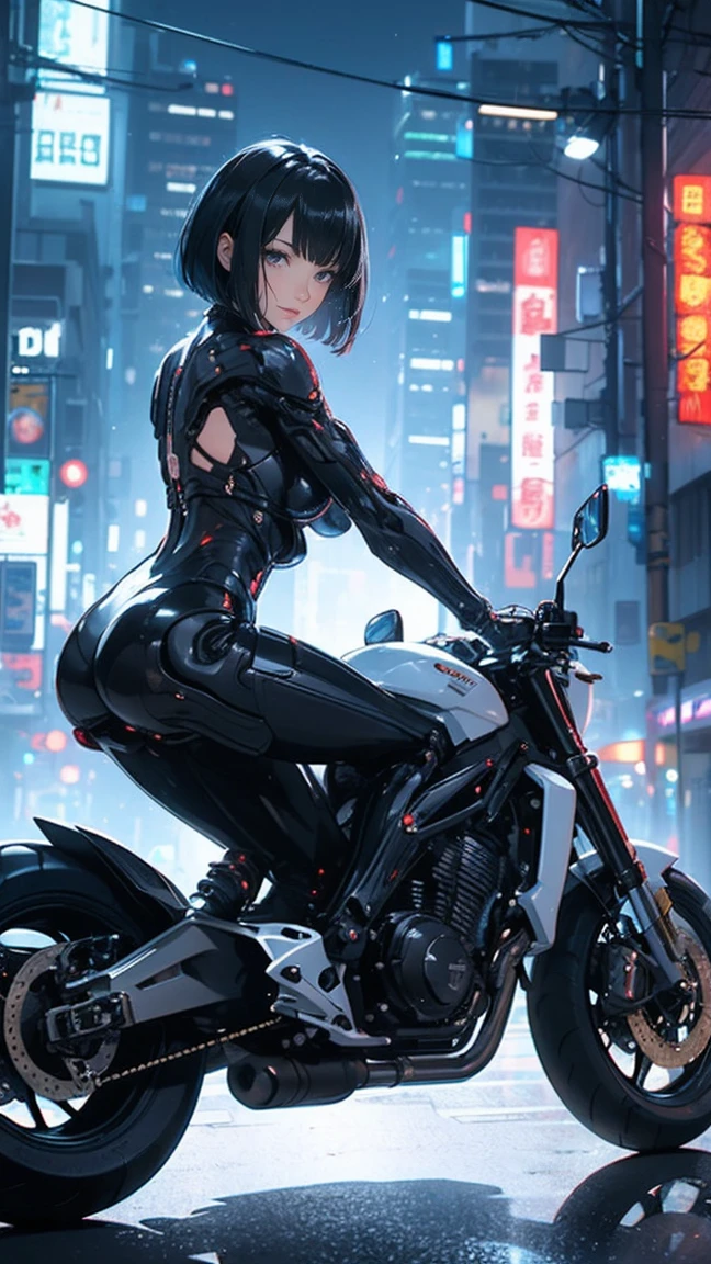 （female cyborg riding a motorcycle）（（（In 8K. ＨＤＲ.hyper realism、master piece 1.2、wlop1、cinematic、Detailed content、Live photo 1.2, Highest quality 1.2、 Super detailed、very detailed、perfect shading、Low angle full body shot 1.2、1 photo、Commercial photo 1.2、50mm 、film grain、SF）））、（（（Cyborg running on a bicycle、）））(mechanical joint: 1.2),((mechanical limbs)),(blood vessels connected to tubes),(mechanical vertebrae attached to the back),((Mechanical cervical connection to the neck) ), No expression, (wires and cables attached to the neck: 1.2), (Head wires and cables: 1.2), (focus on character), （rider suit、buildings at night、buildings at night、impressive night view、cyberpunk world、ride a motorcycle、ride a motorcycle),, (focus on character、Angle from the side)、（white skin、small breasts、black hair、short bob、bob hair、bangs）