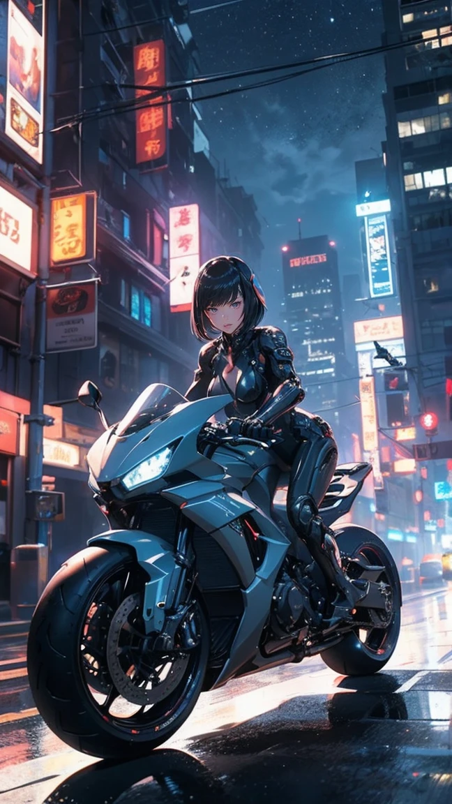 （female cyborg riding a motorcycle）（（（In 8K. ＨＤＲ.hyper realism、master piece 1.2、wlop1、cinematic、Detailed content、Live photo 1.2, Highest quality 1.2、 Super detailed、very detailed、perfect shading、Low angle full body shot 1.2、1 photo、Commercial photo 1.2、50mm 、film grain、SF）））、（（（Cyborg running on a bicycle、）））(mechanical joint: 1.2),((mechanical limbs)),(blood vessels connected to tubes),(mechanical vertebrae attached to the back),((Mechanical cervical connection to the neck) ), No expression, (wires and cables attached to the neck: 1.2), (Head wires and cables: 1.2), (focus on character), （rider suit、buildings at night、buildings at night、impressive night view、cyberpunk world、ride a motorcycle、ride a motorcycle),, (focus on character、Angle from the side)、（white skin、small breasts、black hair、short bob、bob hair、bangs）