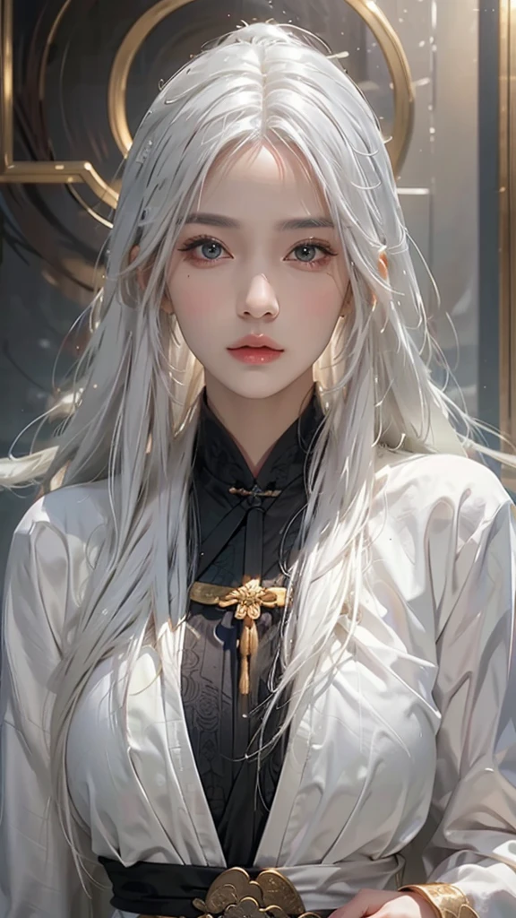 a beautiful detailed woman with long white hair, medium breasts, looking at the viewer, (detailed face), high resolution, photorealistic, Taoist