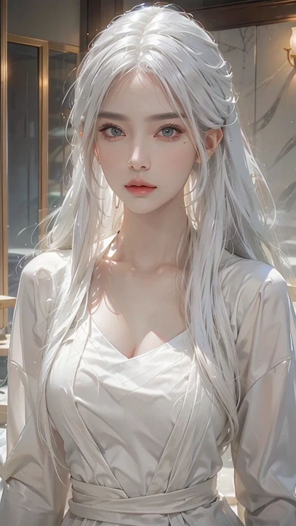 a beautiful detailed woman with long white hair, medium breasts, looking at the viewer, (detailed face), high resolution, photorealistic, Taoist