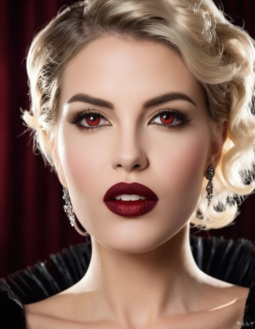 , 1lady, solo, mature adult woman, evil , lady from hell, vampire beauty, femme fatale, evil apostle of darkness, peerless beauty, (slyly looks:1.3), (Cruel grinning slit eyes:1.3), (evil roguish smile:1.3), a Vampire Kiss, masterpiece, perfect , ideal  features, ideally proportioned figure, perfectly beautiful body, makeup, sensual Blonde, Very short, pixie cut, Beautifully detailed eyes, double eyelid, (eyeliner:1.2), mascara, eyeshadow, golden eyes, Beautifully detailed nose and nostrils, Beautifully detailed lips, (lipstick:1.1),(Dark red lips, glossy lips), (Vampire Fangs), tongue, saliva, Focus only on the mouth, Woman mouth close up, from front, glaring at you
