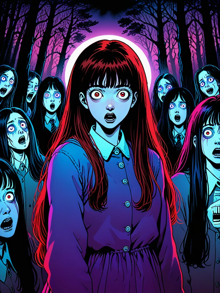 illust、art、from 80s horror movie, directed by Junji Ito、Moonlit Night、Dark Forest、Among the countless graves、A woman with a scared expression、Overaction、Overreaction、Acting frightened、high detail, realsitic shadow、Analog style, vhs style, 8mm film, chromatic aberration, Dvd screengrab、Blue-purple and red-purple gradation