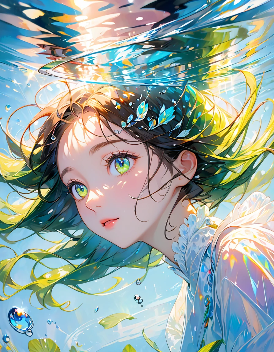 Girl swimming underwater,Ultra-detailed rendering style,Shine,yellow,green,Brush,Surreal oil painting,Shine目,Head close-up,Exaggerated perspective,Tyndall effect,Water Drop,Mother-of-pearl iridescence,holographic white,Black background,