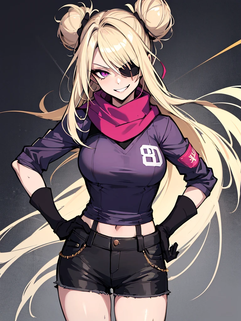 (absurdres, 8k, 4k, masterpiece, hyper extreme detailed:1.2), solo, 1girl, front view, perfect face, 1girl, portrait, looking at viewer, solo, standing, Female, toned body, mature female, medium breasts, pale, blonde hair, medium hair, sarcastic, delinquent, purple eyes, swept bangs, scars, casual wear, street wear, gross, messy, dirty, bloody, snarky, smirk, medium body, gyaru, crazy face, crazy smile, crazy eyes, hands on hips, shorts, wind, windy hair, moving hair, black ribbon, hair buns, adventurous, scarf, gloves, draping hair, eye patch, shirt,
