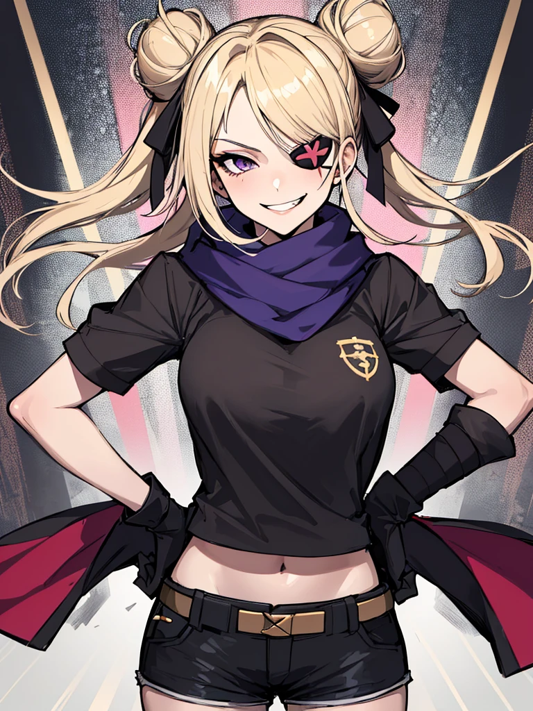 (absurdres, 8k, 4k, masterpiece, hyper extreme detailed:1.2), solo, 1girl, front view, perfect face, 1girl, portrait, looking at viewer, solo, standing, Female, toned body, mature female, medium breasts, pale, blonde hair, medium hair, sarcastic, delinquent, purple eyes, swept bangs, scars, casual wear, street wear, gross, messy, dirty, bloody, snarky, smirk, medium body, gyaru, crazy face, crazy smile, crazy eyes, hands on hips, shorts, wind, windy hair, moving hair, black ribbon, hair buns, adventurous, scarf, gloves, draping hair, eye patch, shirt,