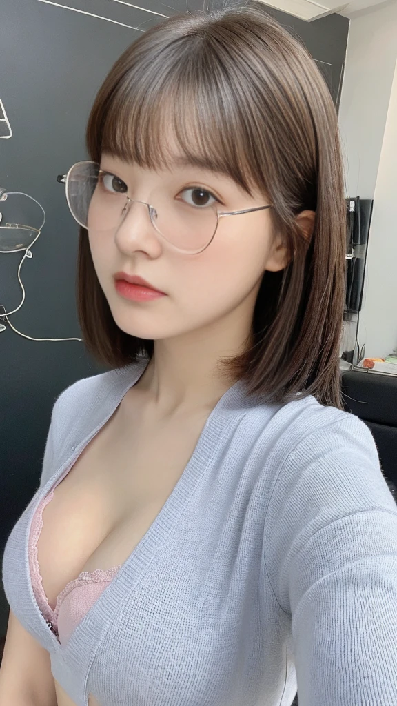 (Actually, High resolution:1.3), 2 girl with a perfect body, Slim face and eyes , big breast , Student Uniform , Big Ass , In School , Wearing Glasses, Pink bra, bangs haircut