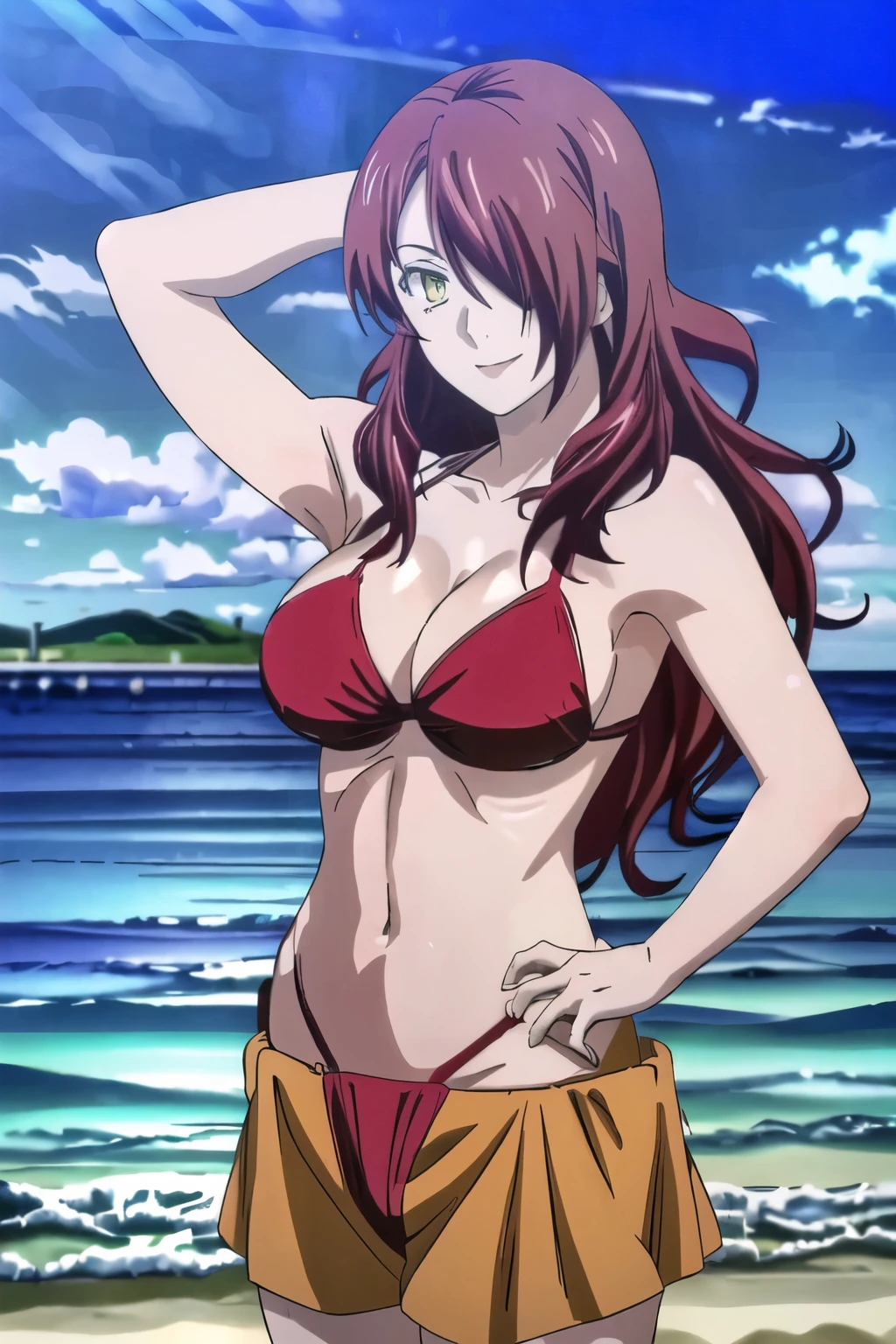 ((masterpiece,best quality,4k)), anime style, full color, Kobayashi Rindou, 1girl, solo, red hair, long hair, hair over one eye, yellow eyes, large breasts, wearing red bikini, solo, smiling, looking at viewer, cowboy shot, beach background