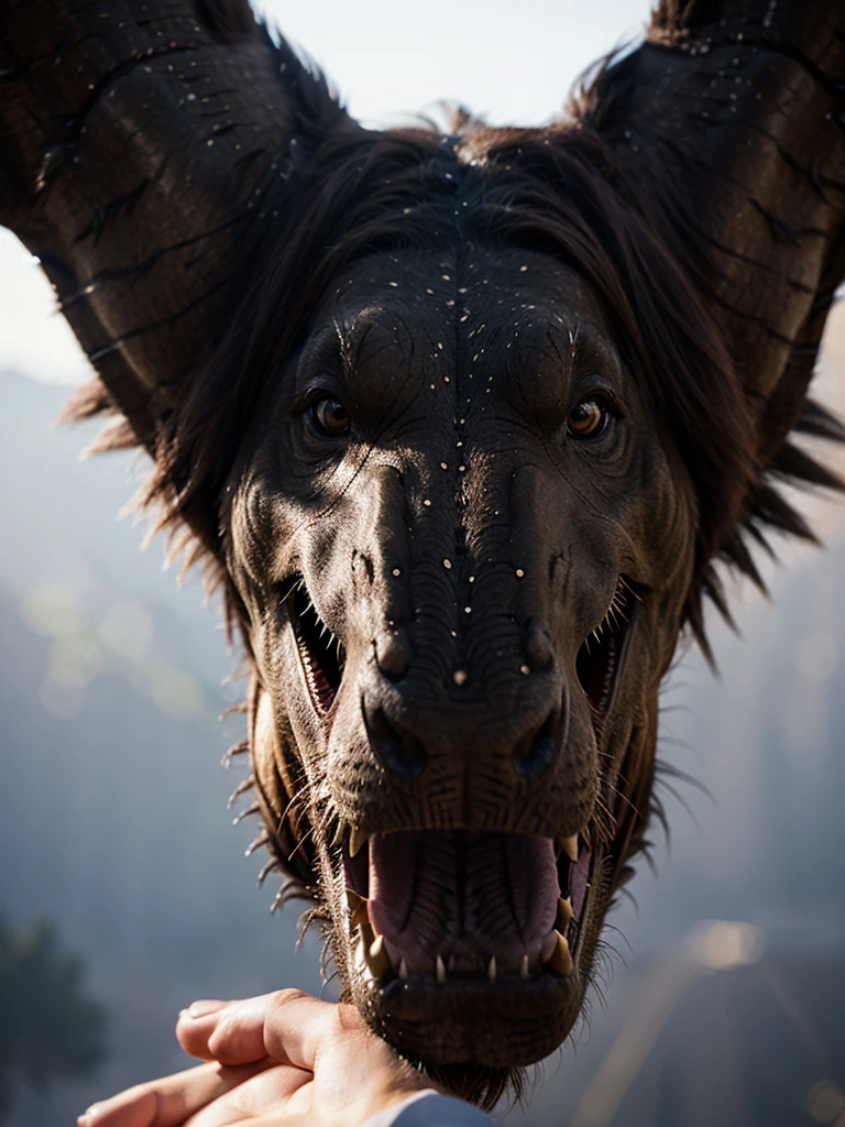 Trex's face, in front of the dragon there is a beautiful Asian woman, who is soaking while drinking coffee, Trex looked at the woman full of emotion, A lot of saliva came out of Trex's mouth, in hot springs, Realistic, HD, 8k, bokeh, telephoto camera lens