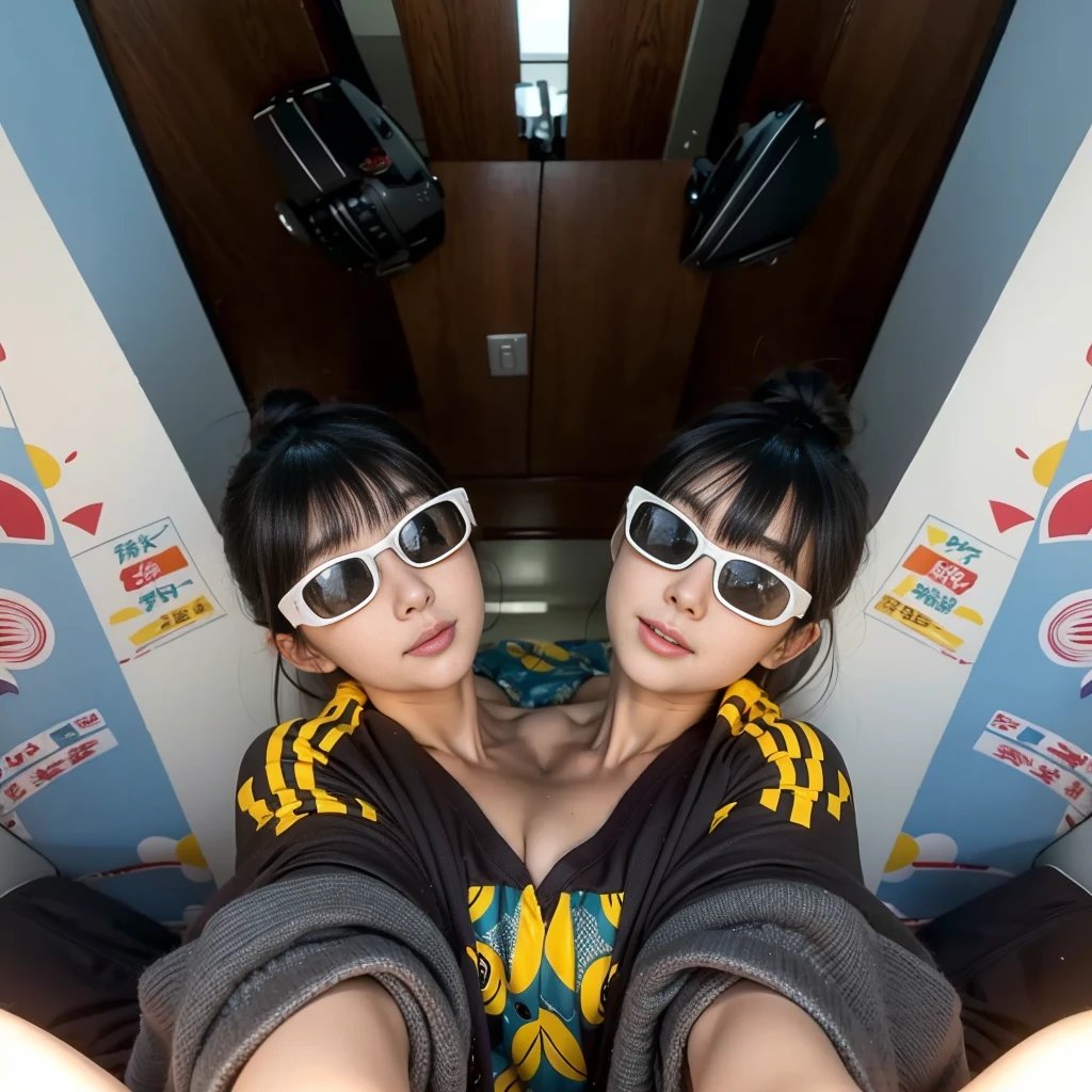 best resolution, 2heads, half-body shot, conjoined, dicephalus, two japanese women with two heads , blonde hair, hair bun, long hair, different faces,hands on head, mouth open,, shocked, tanktop, indoor background