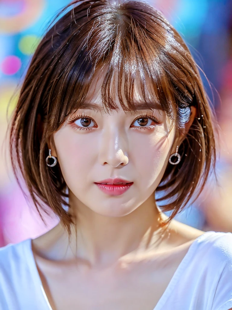 (best quality, masterpiece), 1girl, beautiful girl, brown_eyes, ((hair color [Silver hair], [pixie cut with bangs] hair)), earrings, lips, short sleeves,realistic, narrow waist, charming, colorful makeup, long eyelashes, fair skin, (cute), (detailed face), detailed eyes, detailed iris, 