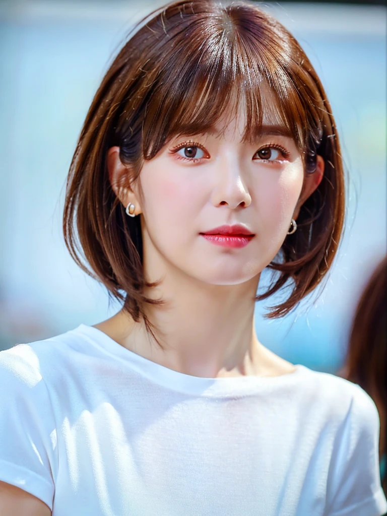 (best quality, masterpiece), 1girl, beautiful girl, brown_eyes, ((hair color [Silver hair], [pixie cut with bangs] hair)), earrings, lips, short sleeves,realistic, narrow waist, charming, colorful makeup, long eyelashes, fair skin, (cute), (detailed face), detailed eyes, detailed iris, 