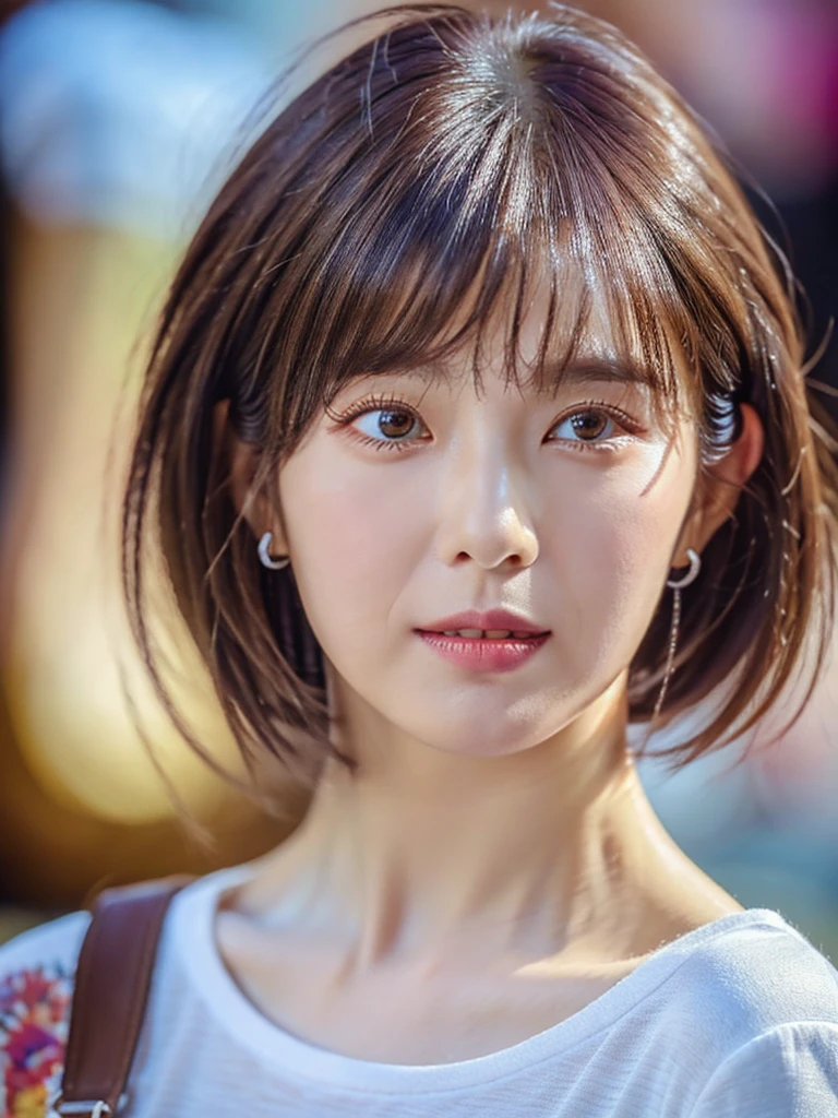 (best quality, masterpiece), 1girl, beautiful girl, brown_eyes, ((hair color [Silver hair], [pixie cut with bangs] hair)), earrings, lips, short sleeves,realistic, narrow waist, charming, colorful makeup, long eyelashes, fair skin, (cute), (detailed face), detailed eyes, detailed iris, 