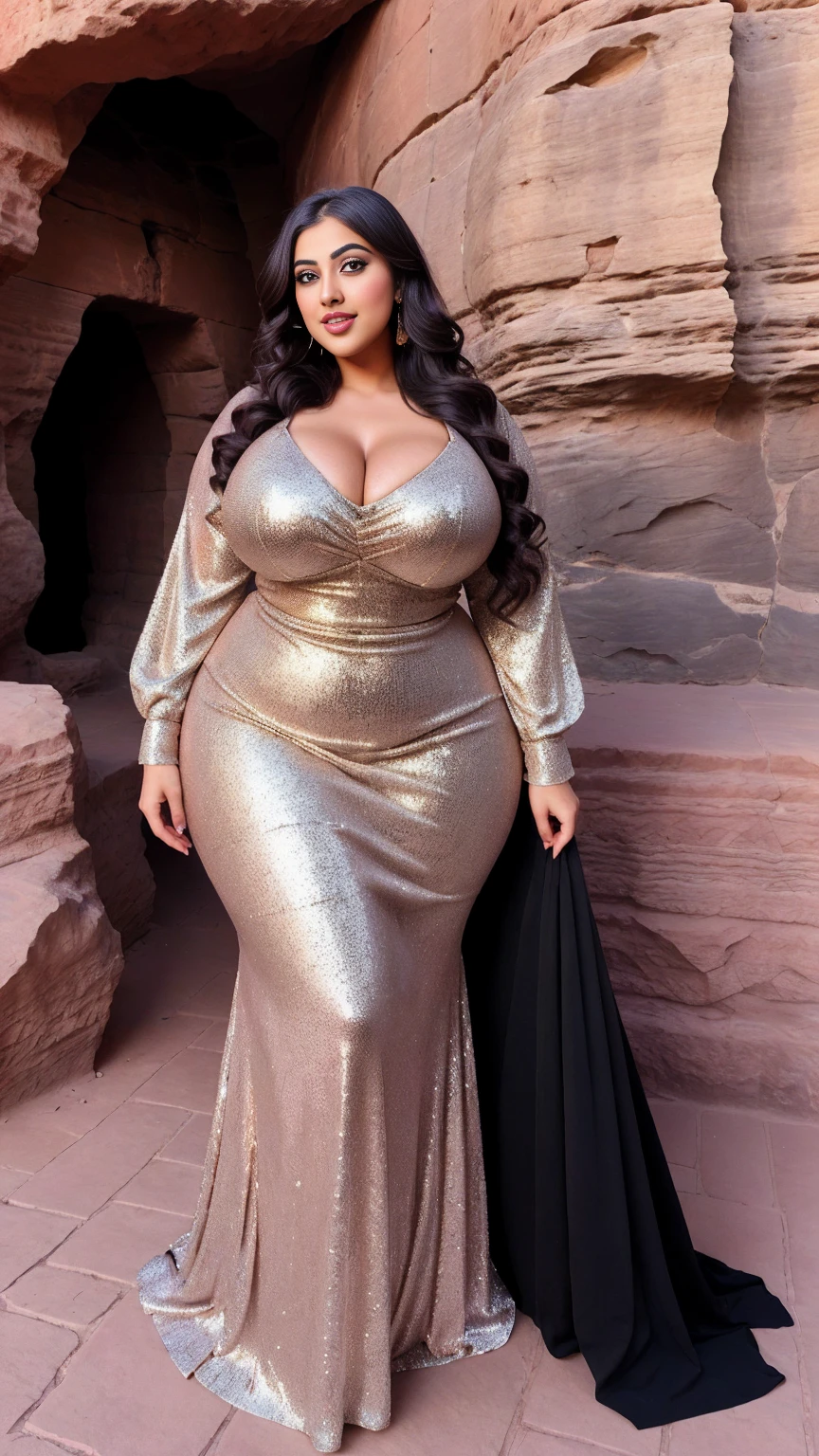 Indian gorgeous  plus size actress madhubala, glowing eyes, wearing Faeriesty Plus Mermaid Hem Sequin Formal Dress

Color: Champagne , covered , parted lips, thick thighs, bigger waist, ,  plus size body, full body, full body shot, head to toe view, hourglass body,  plus size body, smile face, bigger waist, , big , fleshy thighs, thick thighs, , full body view, Petra, Jordan: Ancient city carved into red sandstone cliffs.