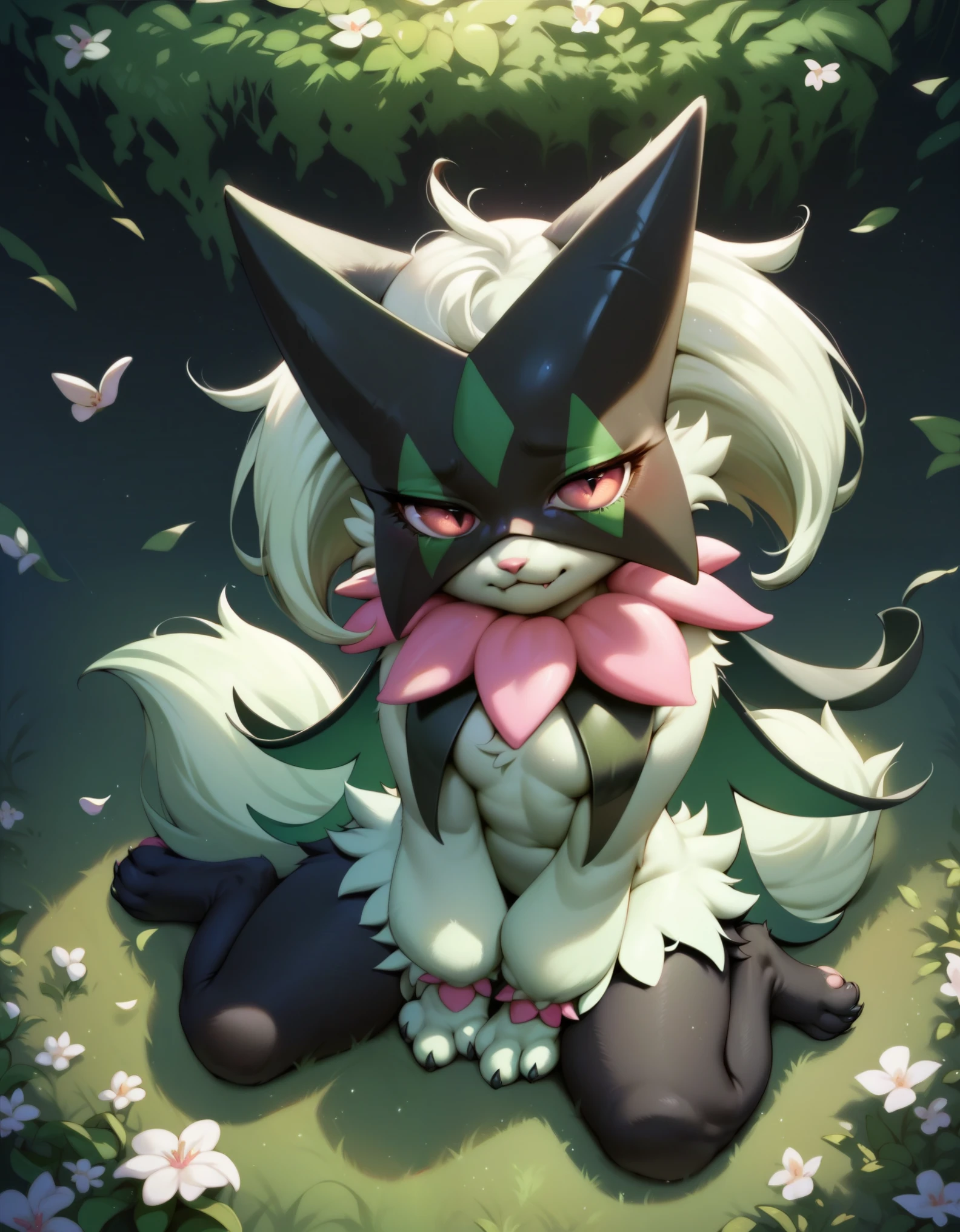 score_9,score_8_up,score_7_up,score_6_up,score_5_up,score_4_up,portrait,feral,full body,epic,gradient background,sitting, Meowscarada,grass background, paws, black legs