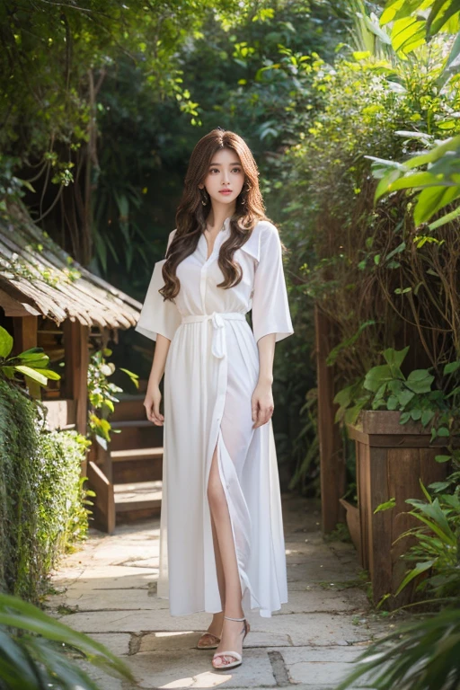 highest quality、4K、Perfect Face、Perfect Style、perfect body、Sunburn、beautiful lady、mature、long curly layer brown hair、Swept-back hair、full body, sexy 、charming、healthy、of the highest quality、8K、white Y shirt、Celestial Grotto、