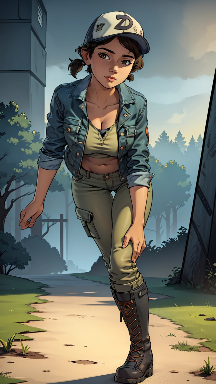 ((masterpiece, best quality)),(complex lighting) ,solo,(((1girl))) ,clementine, light skin,light-skinned female, baseball cap, green cargo pants, brown eyes, tight pants, combat boots, shirt, short hair, one short ponytail, open denim jacket, huge butt, thicc butt , (((8k))), (((full body))), (((bent over))), (((looking at the viewer))), (((view from in front of her))), big breasts