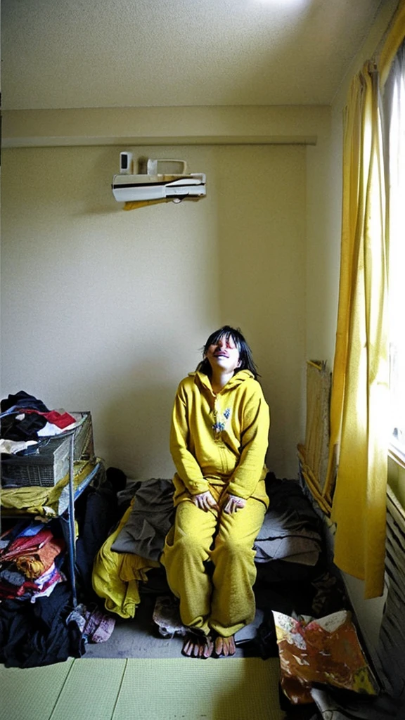 Beautiful room, Japanese woman, ugly, fat, dirty clothes, dirty hair, no eyes, yellow teeth