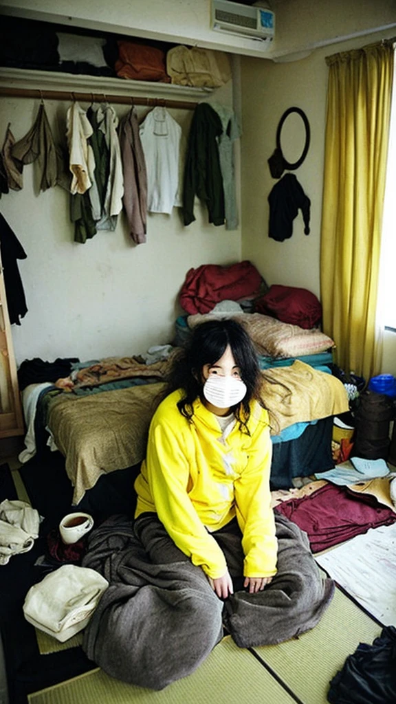 Beautiful room, Japanese woman, ugly, fat, dirty clothes, dirty hair, no eyes, yellow teeth