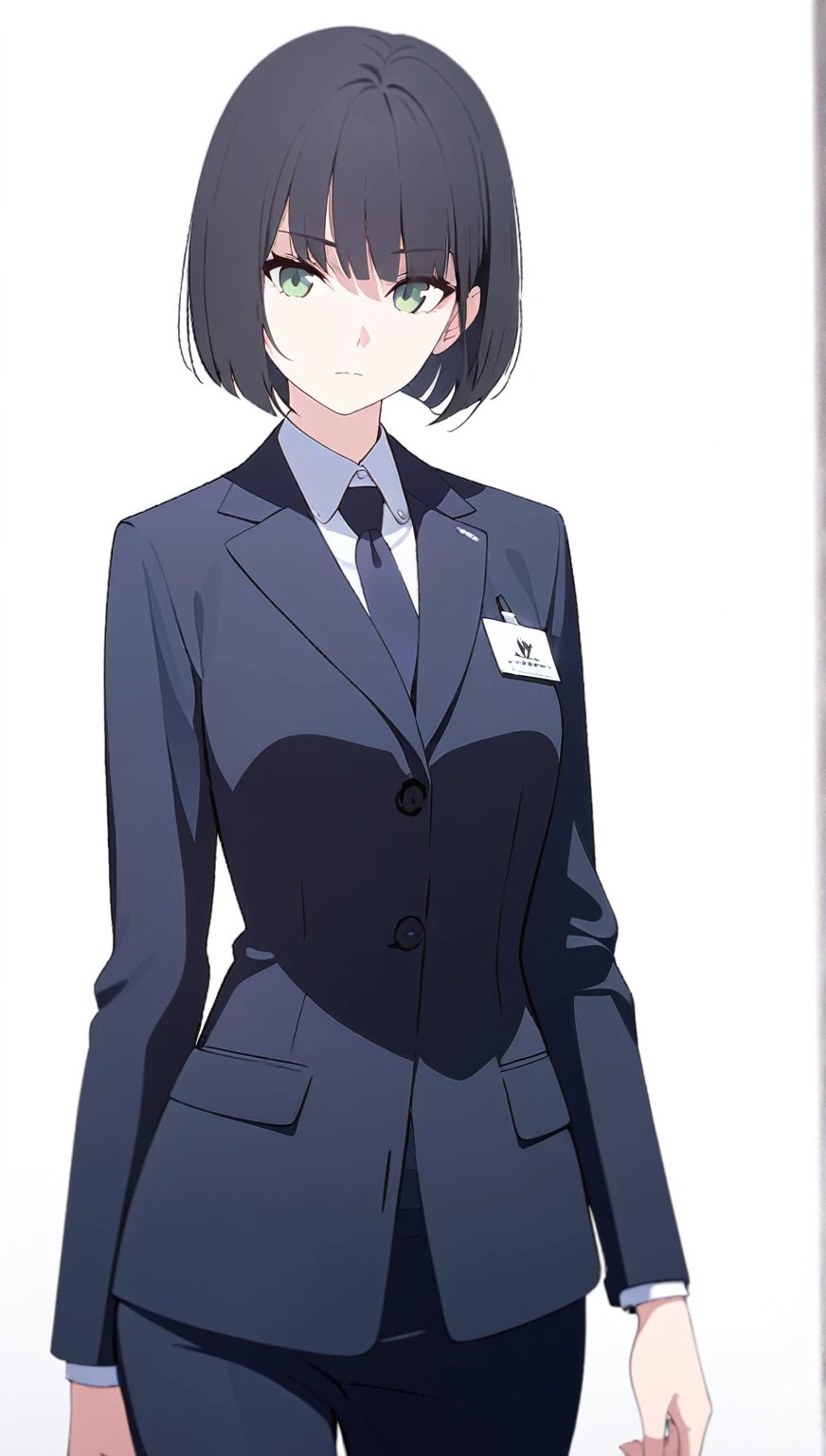 (masterpiece, high quality, best quality, highres,) One Woman, young, black hair, bob cut, Green Eyes, Athletic build, expressionless, closed mouth, office staff suit, Simple white background, standing, cowboy shot, from the front