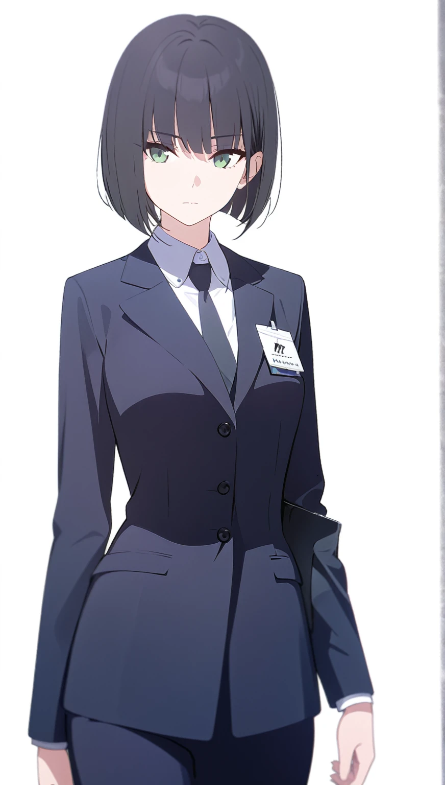(masterpiece, high quality, best quality, highres,) One Woman, young, black hair, bob cut, Green Eyes, Athletic build, expressionless, closed mouth, office staff suit, Simple white background, standing, cowboy shot, from the front