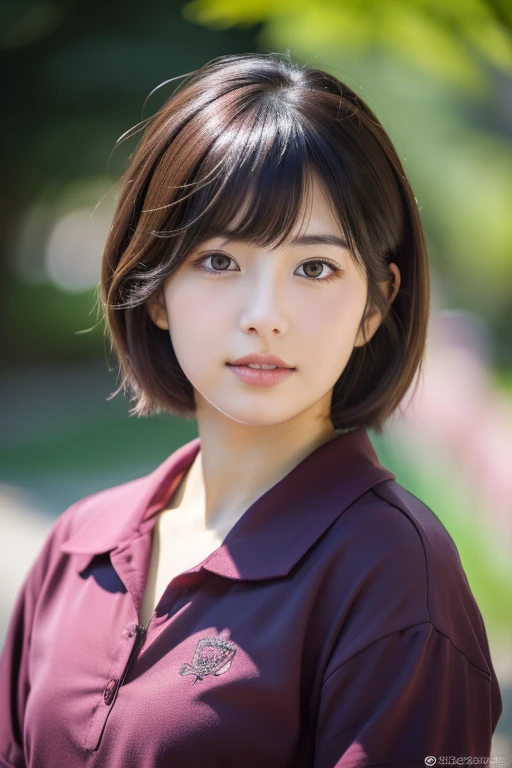 Mikasa,19 year old young woman , Best quality, High resolution, Short hair, Black eyes, look at the viewer, wearing a pink shirt , beauty, Highest quality , high resolution
