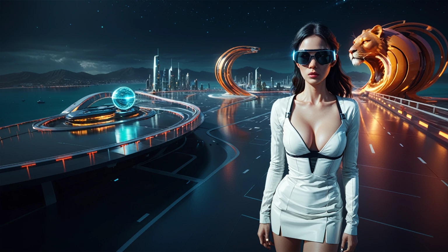 Brightly colored abstract aerial view image of a (((((futuristic helipad beside ocean))))) with a spiral, a (((futuristic all-glass train))) passing by, epic beautiful space sci-fi, chaotic cinematic space rift, Greg Beeple, Beeple and Tim Hildebrandt, Beeple and Jean Giraud, (((giant glass lion sculpture))), galaxy space sci-fi, ringworld, by Mike "Beeple" Winkelmann. Matrix style, (((Matrix cascading code))), (((a futuristic twin tower skyscraper with a unique twisted design))), (((OLED GUI interfaces in the building))), at night, (((((1girl, solo))))), photo realistic, (((((((large-:1.2 body, :1.4))))))), (((((off broken mini sling-shirt and black sling , extreamly short pleated  exposing ))))), (((((running pose))))), (((((((matrix style black micro sunglasses))))))), ((((((((((aiming with a short gun)))))))))), (((((looking at camera))))), (((very low view))), (((((half-body thigh level medium shot))))), (((cinematic lighting))).